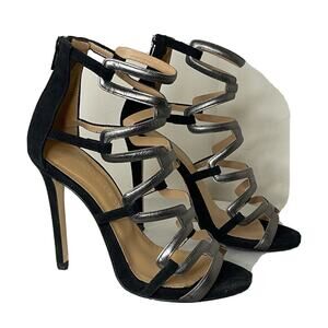Marc Ellis Strappy Stiletto Heels Black Suede Silver Leather Sz EU 37 IT, US 7